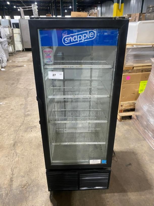 Habco ESM12 commercial single door refrigerator merchandiser with poly coated racks, Snapple branding, in used condition.