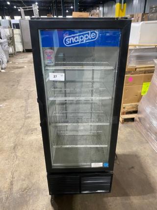 Habco ESM12 commercial single door refrigerator merchandiser with poly coated racks, Snapple branding, in used condition.