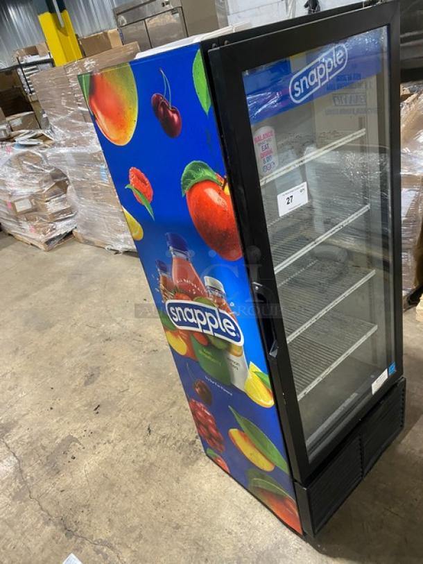 Habco ESM12 commercial single door refrigerator merchandiser with Snapple branding, poly-coated racks, 115V, serial 22051424.