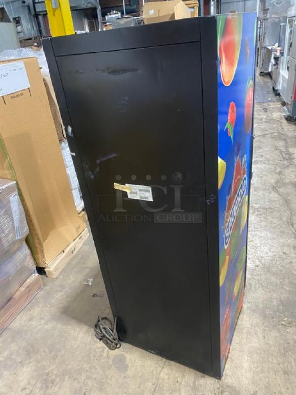 Habco ESM12 commercial single door refrigerator merchandiser, poly-coated racks, 115V, used condition, side graphics visible.
