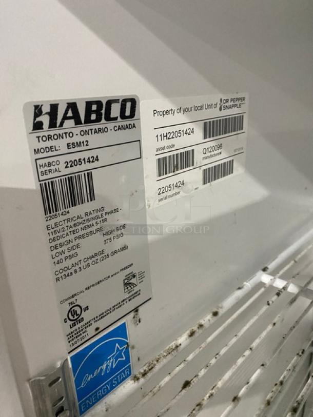 Habco ESM12 commercial fridge interior with labels, Energy Star certified, serial 22051424, 115V 1Phase, poly coated racks.