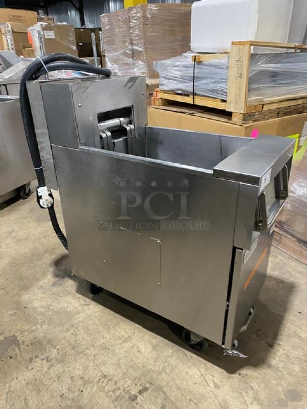 Frymaster FilterQuick Series electric fryer, model 1FQE80U0ZQTZB17, stainless steel, touch screen, filtration system, on casters.