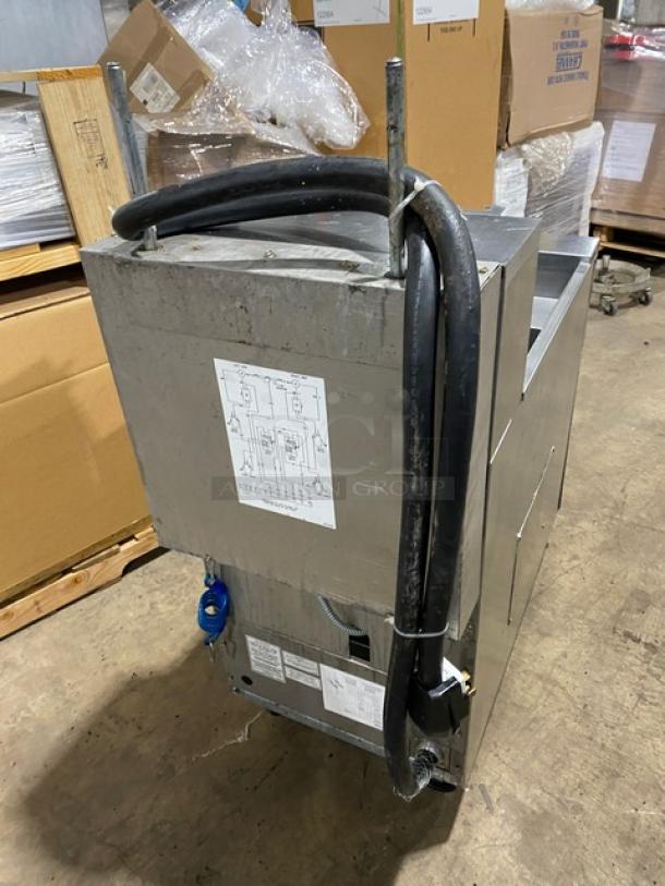 Frymaster FilterQuick Series electric fryer, Model 1FQE80U0ZQTZB17, stainless steel, touch screen, filtration system, on casters.