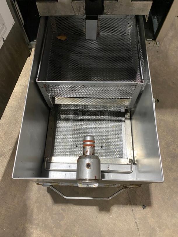 Frymaster FilterQuick Series electric fryer, model 1FQE80U0ZQTZB17, stainless steel with filtration system, touch screen, on casters.