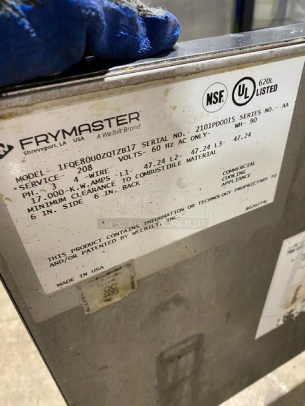 Frymaster FilterQuick Series deep fat fryer, model 1FQE80U0ZQTZB17, stainless steel, electric, touch screen control, filtration system, 208V, 3-phase, NSF, UL listed, on casters.