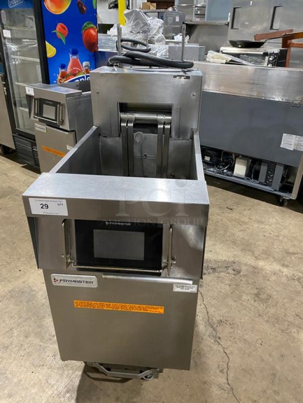 Frymaster FilterQuick electric fryer, model 1FQE80U0ZQTZB17, stainless steel, touch screen, filtration system, on casters.