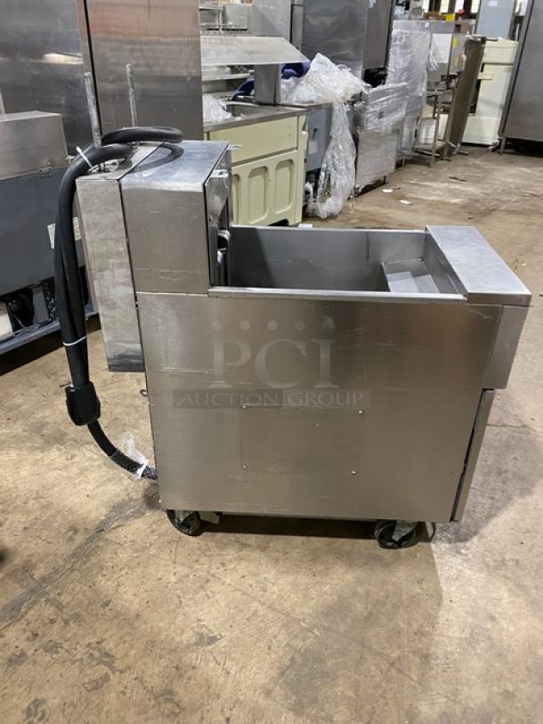 Frymaster FilterQuick Series electric deep fryer, stainless steel, model 1FQE80U0ZQTZB17, with touch screen and filtration, on casters.