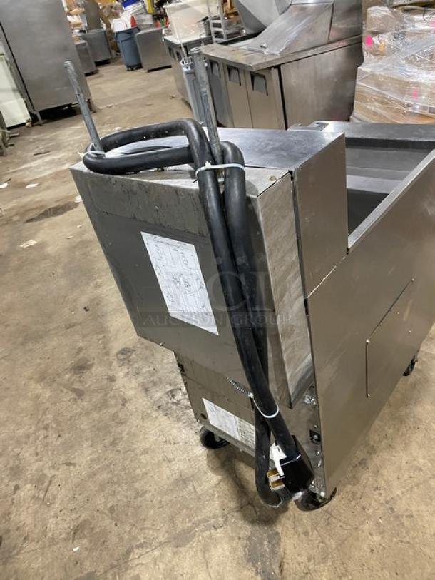 Frymaster FilterQuick Series stainless steel electric deep fryer, model 1FQE80U0ZQTZB17, with touchscreen and casters.