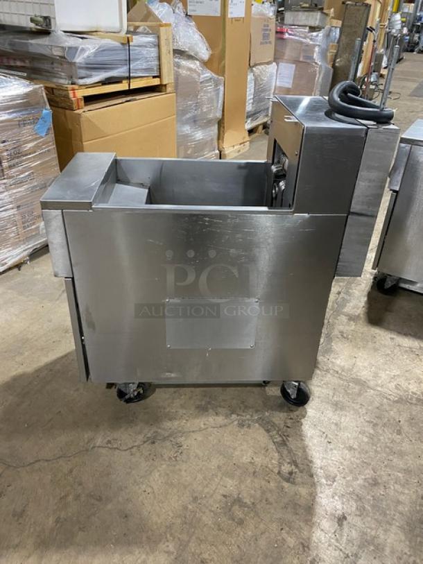 Frymaster FilterQuick Series electric fryer, model 1FQE80U0ZQTZB17, stainless steel, on casters, with touch screen, filtration system.