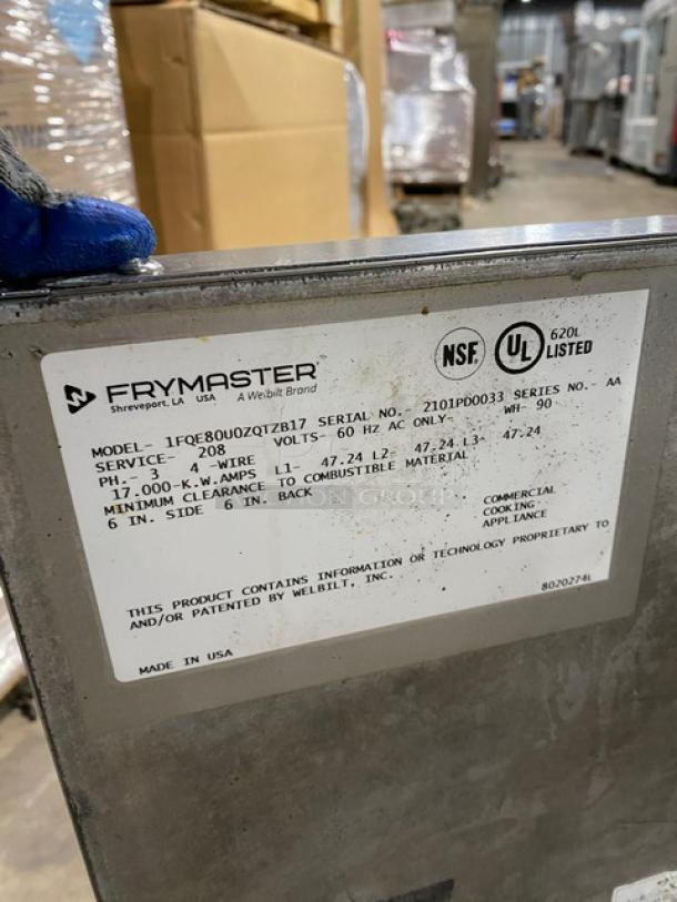 Frymaster FilterQuick Series commercial fryer, model 1FQE80U0ZQTZB17, electric, touch screen, filtration system, on casters.