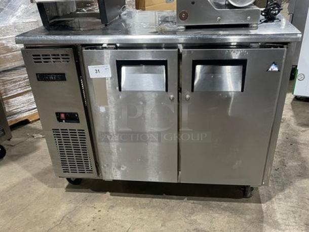 Everest ETR2 stainless steel lowboy/prep table, dual doors, poly coated racks, 115V 1-phase, on casters, model ETR2.