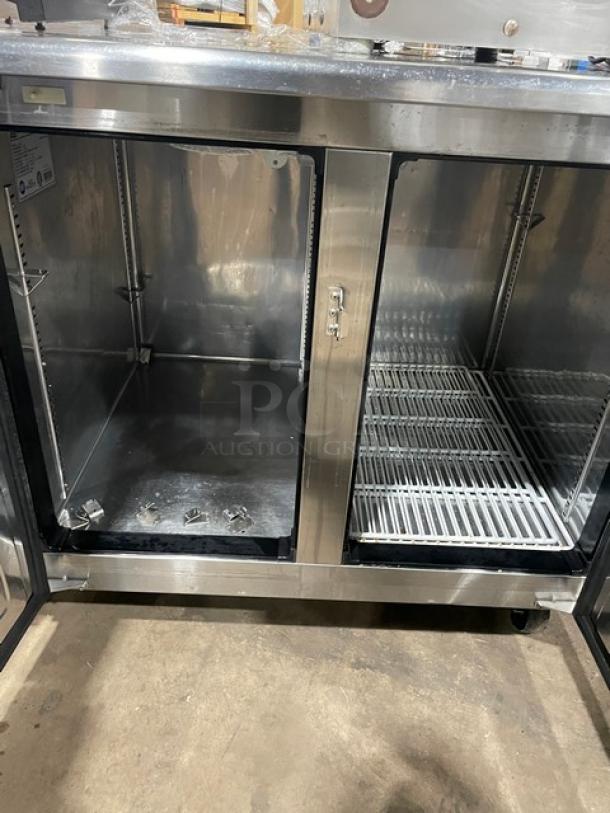 Everest ETR2 stainless steel prep table with two-door storage, poly-coated racks, 115V 1Phase, on casters, Model BTR214030012.