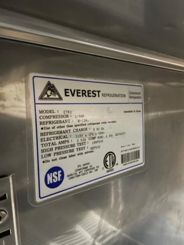 Everest ETR2 commercial lowboy/prep table, stainless steel, 2-door storage, poly-coated racks, 115V 1-phase, on casters.