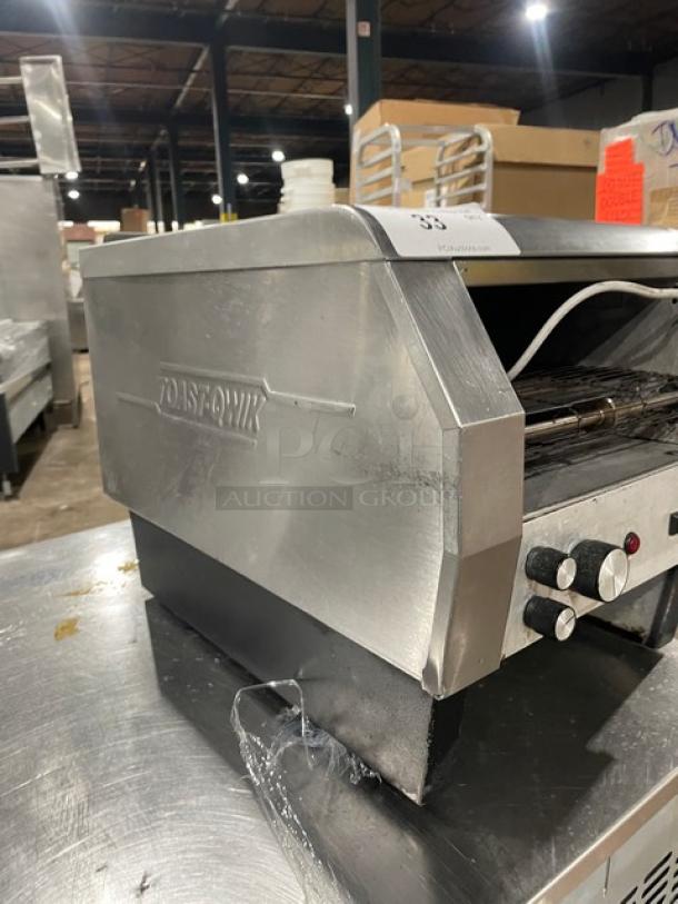 Hatco Toast-Qwik stainless steel electric conveyor toaster; commercial grade; good condition; visible controls and markings.