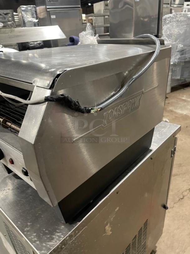 Hatco commercial stainless steel electric countertop conveyor toaster, Toast-Qwik series, worn cord, visible scratches.