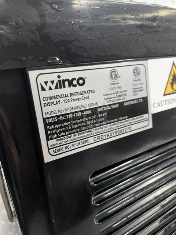 Winco Commercial Refrigerated Display Case CRD1K, 110/120V, serial CRD1K070002270, glass showcase style.