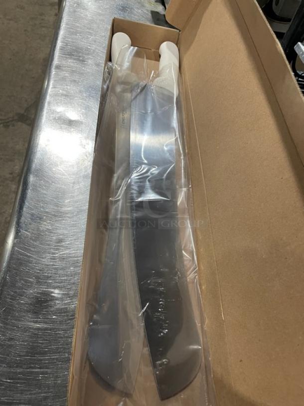 Dexter Commercial 18" Carbon Steel Pizza Knife, Model S16018, new in box, dual knives, white handles, plastic-wrapped.