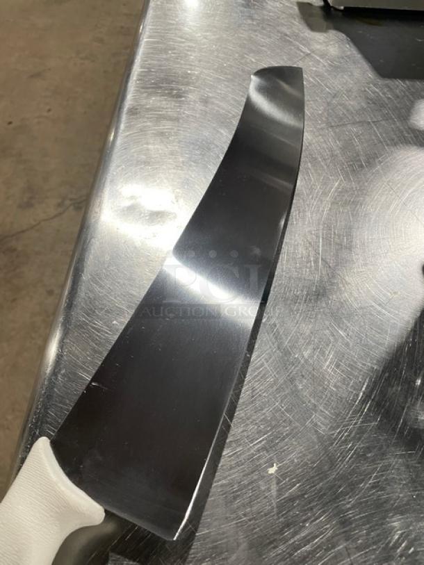 Dexter Model S16018 18" Carbon Steel Pizza Knife, new condition, sleek blade, white handle, perfect for commercial use.