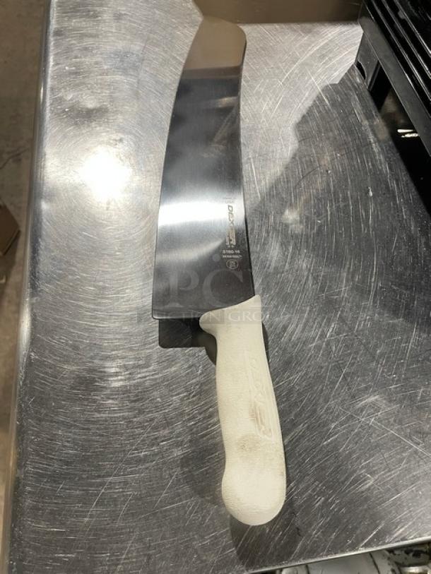Dexter Commercial 16" Carbon Steel Pizza Knife, Model S16016. New condition with a white ergonomic handle.