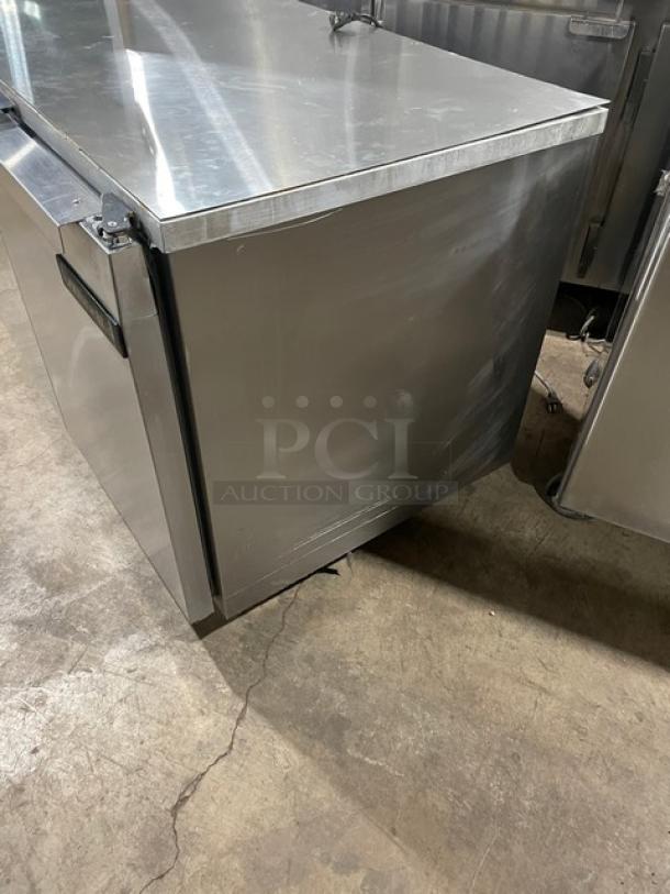 Continental UC48SS stainless steel lowboy cooler with two-door storage, model UC48SS, serial 15213433, 115V, 1 Phase.