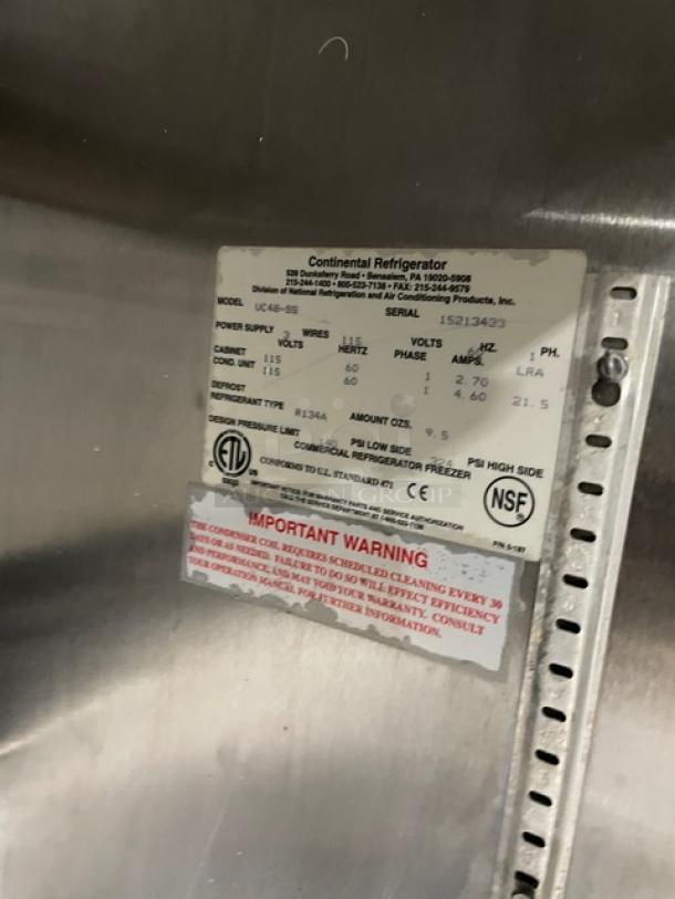Continental UC48SS Commercial Lowboy Cooler, stainless steel, 2-door storage, Model UC48SS, Serial 15213433, 115V, 1 Phase.