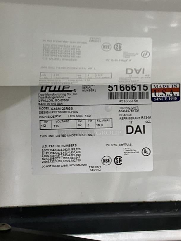 True Commercial Electric Bakery Display Model G4SM-23RGS, SN 5166615. Features: Rotating shelves, one broken. 115V 1 Phase.