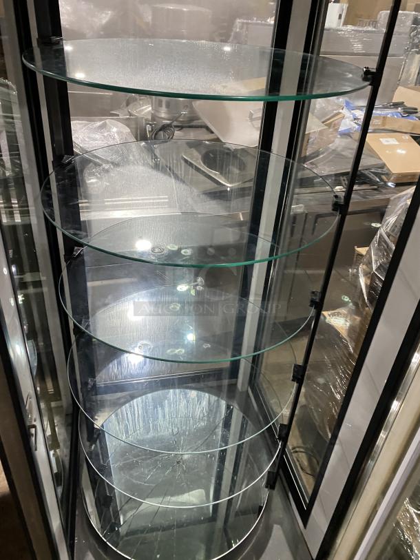 True G4SM-23RGS 4-Sided Refrigerated Bakery Display with rotating glass shelves, one shelf broken, good condition, SN 5166615.