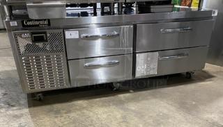 Stainless steel Continental refrigerated work/prep table, 4 drawers, serial 16249154, 115V 1 Phase, on commercial casters.