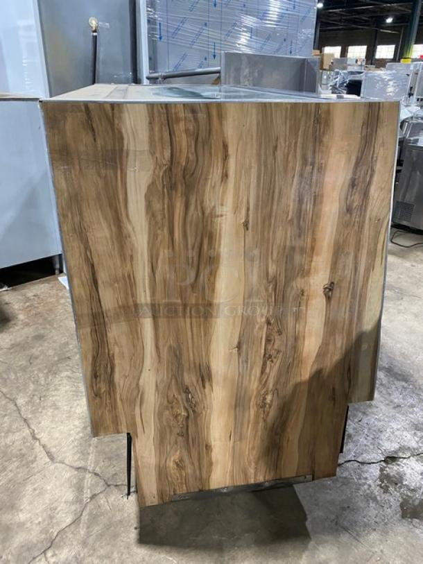 Marc SQBR59 commercial refrigerated display case, wood finish, 2 glass sliding rear doors, poly-coated racks, 115V.