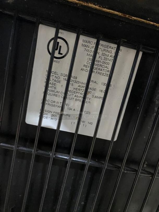 Marc commercial refrigerated display case model SQBR59 with UL certification label, featuring 115V, 1 Phase specifications.