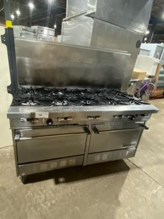 Garland H2S4 commercial 10-burner stove with raised backsplash, dual ovens, stainless steel, on casters, natural gas.