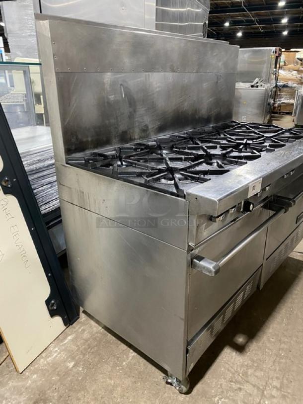 Garland model H2S4 commercial gas stove, 10 burners, double ovens, raised backsplash, stainless steel, on casters.