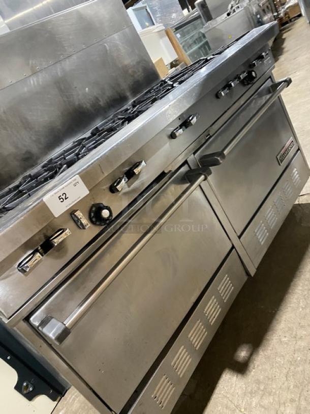 Garland H2S4 commercial 10-burner stove, natural gas, stainless steel, with raised backsplash, two ovens, on casters.