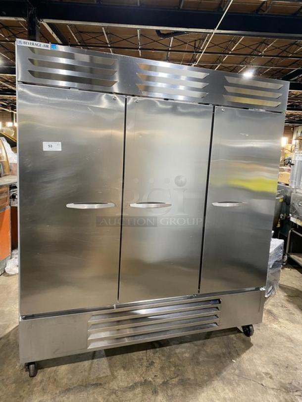 Beverage Air RB72HC1S 3-door stainless steel commercial refrigerator, features poly-coated racks, model and serial labels visible.