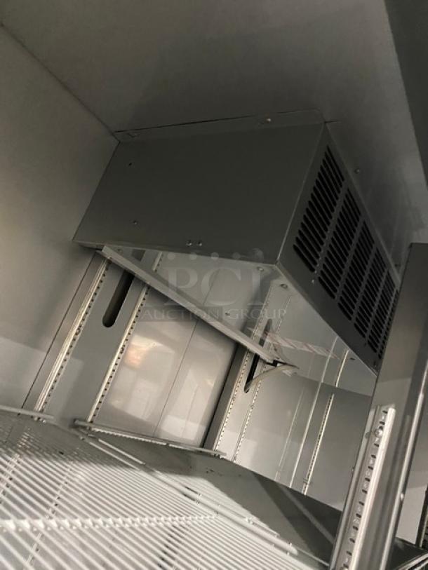 Beverage Air RB72HC1S commercial 3-door reach-in refrigerator, stainless steel, serial 13205331, with poly-coated racks.