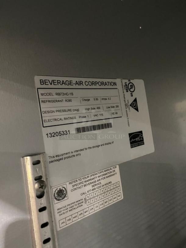 Beverage Air Commercial 3 Door Refrigerator, Model RB72HC1S, stainless steel, with poly-coated racks. Serial 13205331, 115V, 1 Phase.
