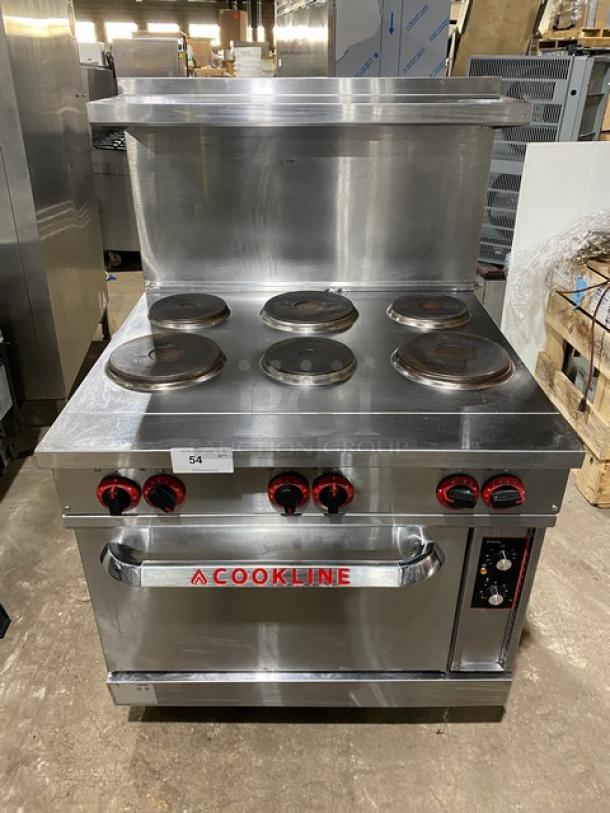 Cookline commercial electric 6-burner induction range with stainless steel build, raised backsplash, salamander shelf, and oven. 208V.