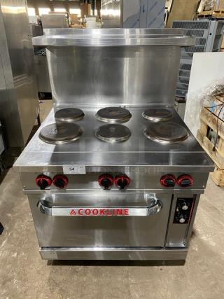 Cookline commercial electric 6-burner induction range with stainless steel build, raised backsplash, salamander shelf, and oven. 208V.