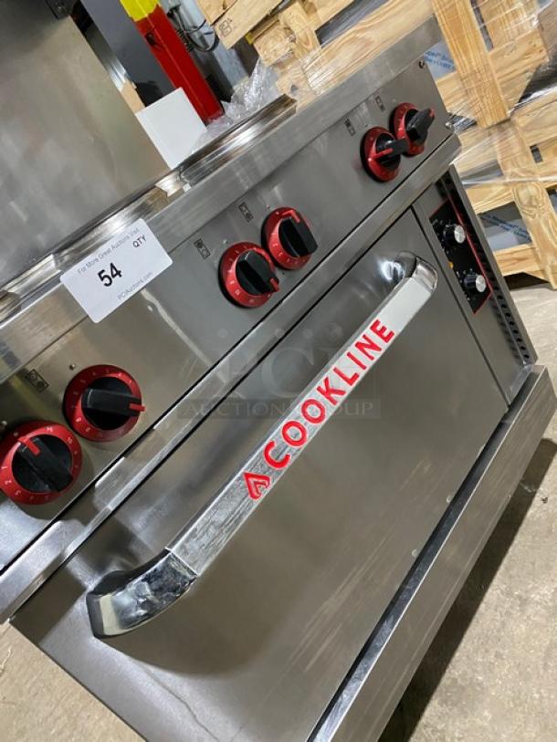 Cookline commercial 6-burner induction range, stainless steel, with raised backsplash, salamander shelf, and oven, 208V.