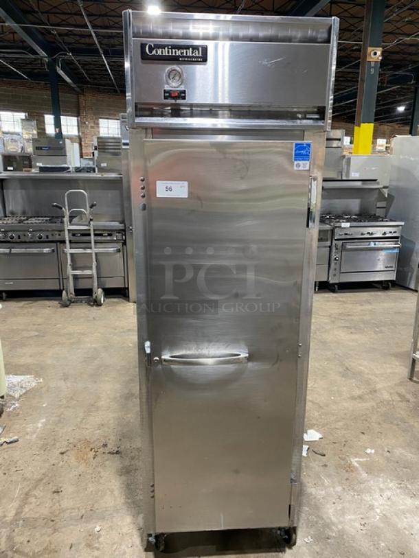 Continental Model 1R single door reach-in refrigerator, stainless steel, poly-coated racks, on casters, 115V 1Phase.
