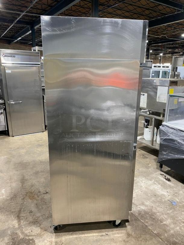 Continental Model 1R stainless steel single door reach-in refrigerator with poly-coated racks, on casters, 115V 1Phase.