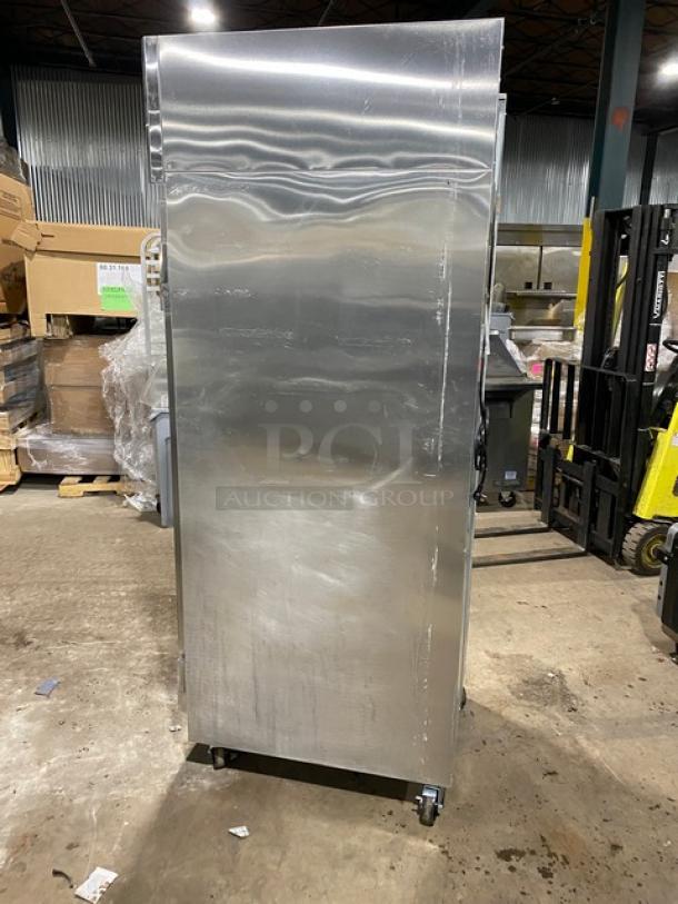 Continental Model 1R single door reach-in refrigerator, stainless steel, poly coated racks, on casters, 115V 1Phase.