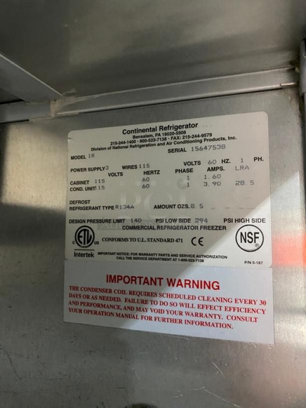 Continental Model 1R Single Door Refrigerator label, serial 15647538, 115V, 1-phase, commercial use, NSF certified.