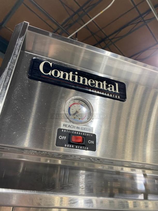 Continental Commercial Single Door Reach-In Refrigerator, Model 1R, stainless steel, includes poly-coated racks, on casters.