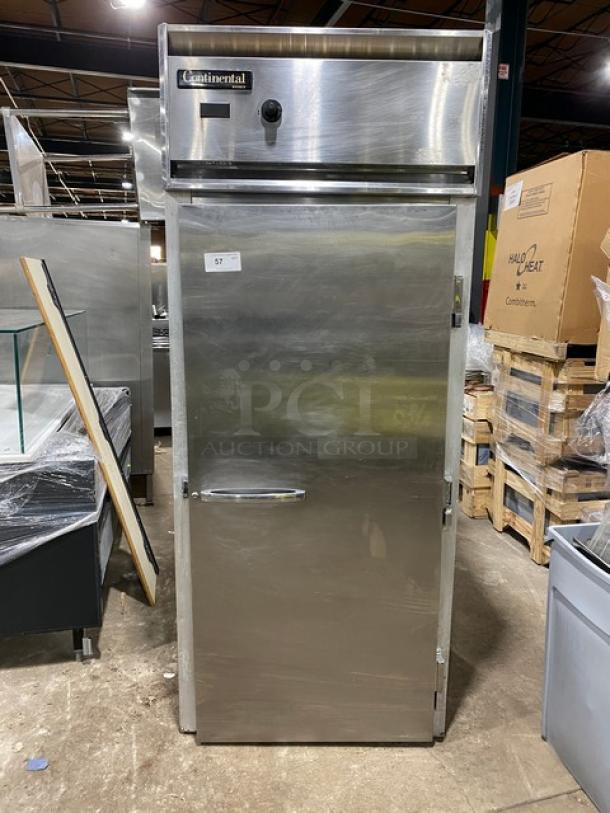 Continental Commercial Single Door Stainless Steel Food Warmer, good condition, visible manufacturer's label, sturdy construction.