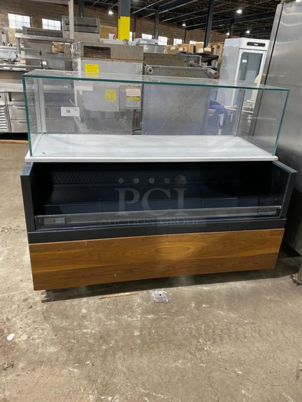 Structural Concepts commercial multi-level refrigerated display case with upper glass showcase, wood finish, rear sliding doors.