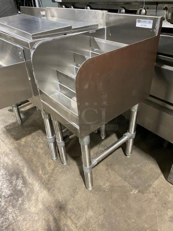NBR LD1218 stainless steel under-bar sink with left-side draining table and right-side bottle display. On legs, excellent condition.