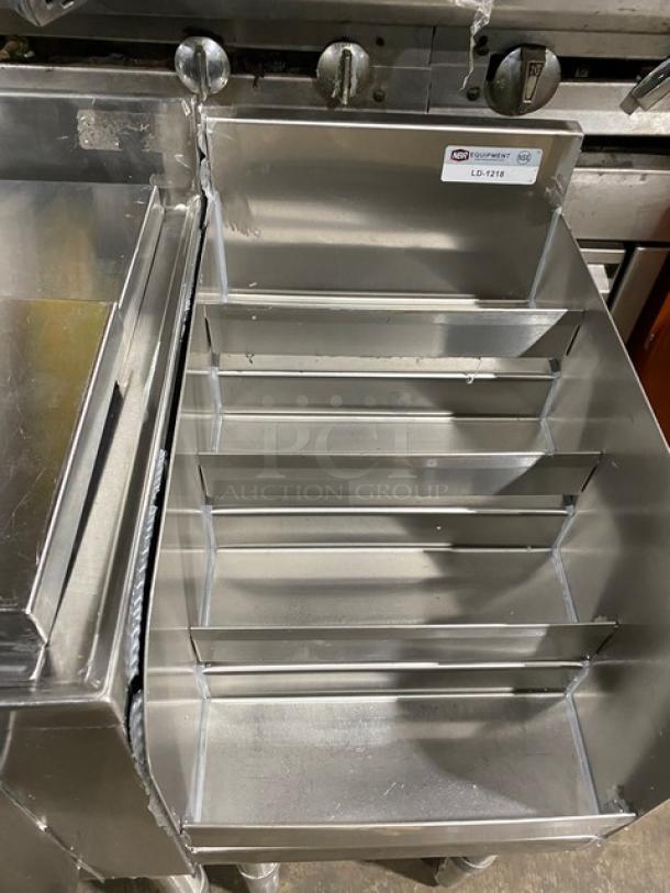 NBR LD1218 stainless steel under-bar sink with left-side draining table and right-side bottle display on legs.