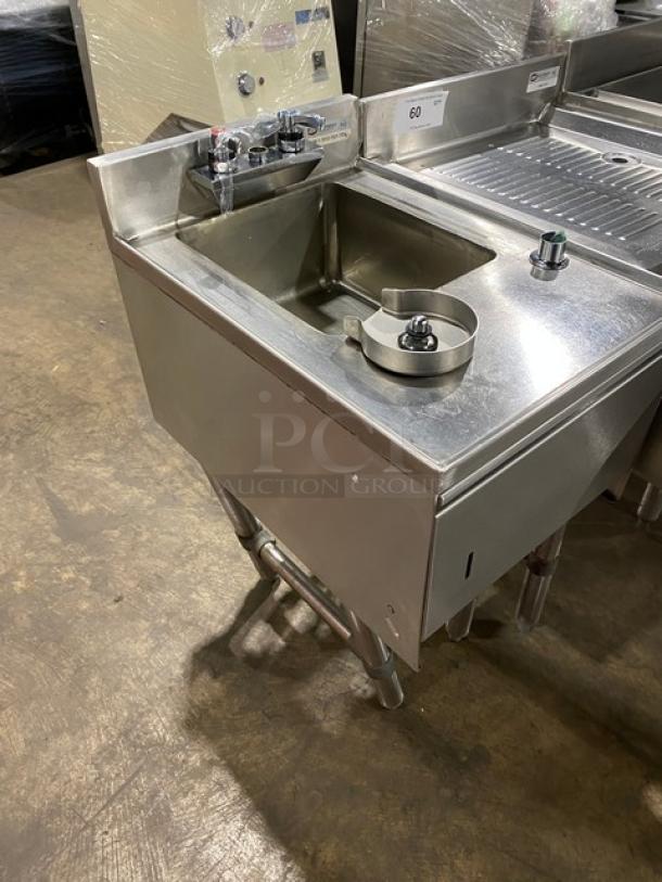 NBR stainless steel under bar sink with drying rack, hand sink, speed rail, model UW110121521TDV, on legs.