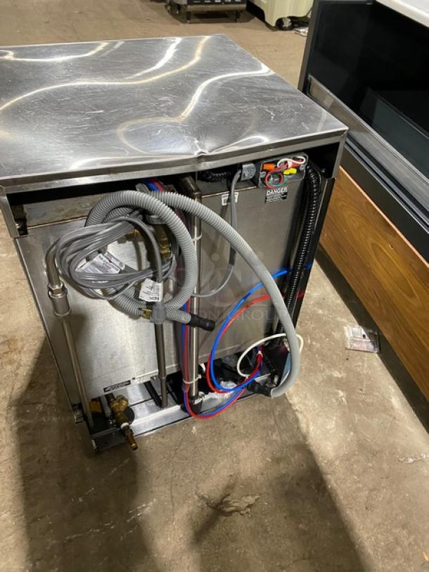 CMA Commercial undercounter dishwasher, model L-1/16, serial 256640. Stainless steel, 115V, 1 phase. Features wiring and hoses.